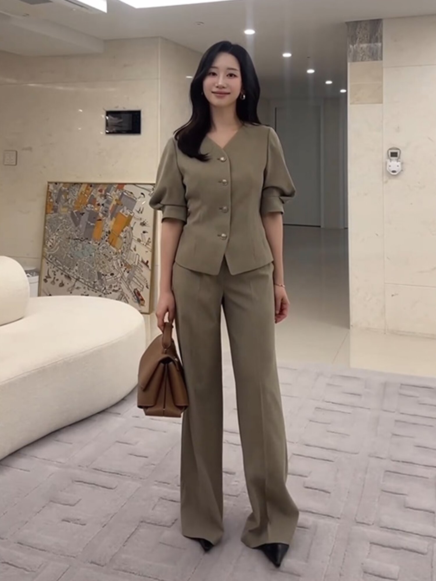 포멀 잔조직 와이드 팬츠 (KHAKI)