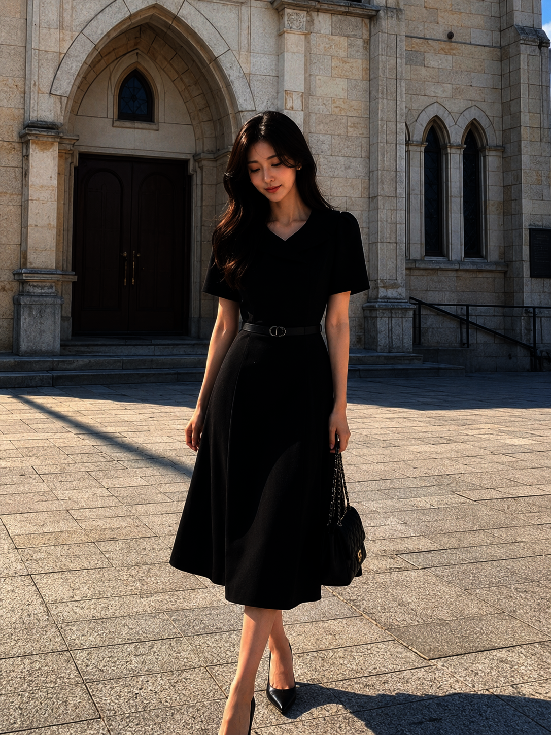 와이드 오픈 칼라 플레어 원피스 (BLACK)