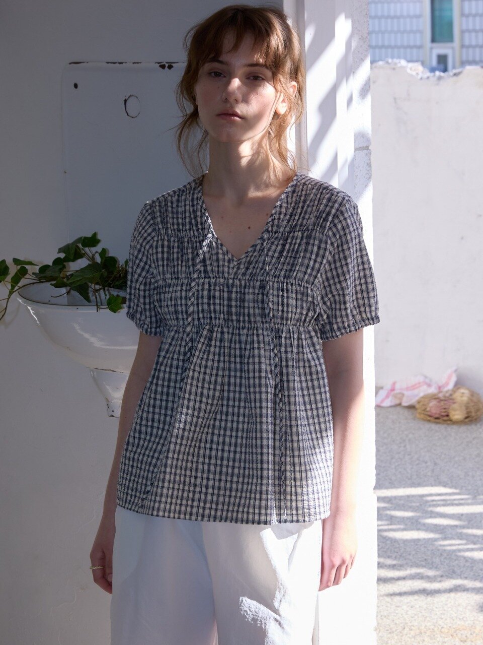 Roe Ribbon Check Blouse_White