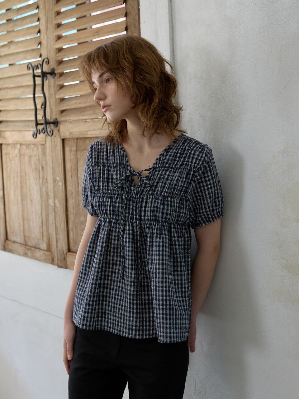 Roe Ribbon Check Blouse_Navy