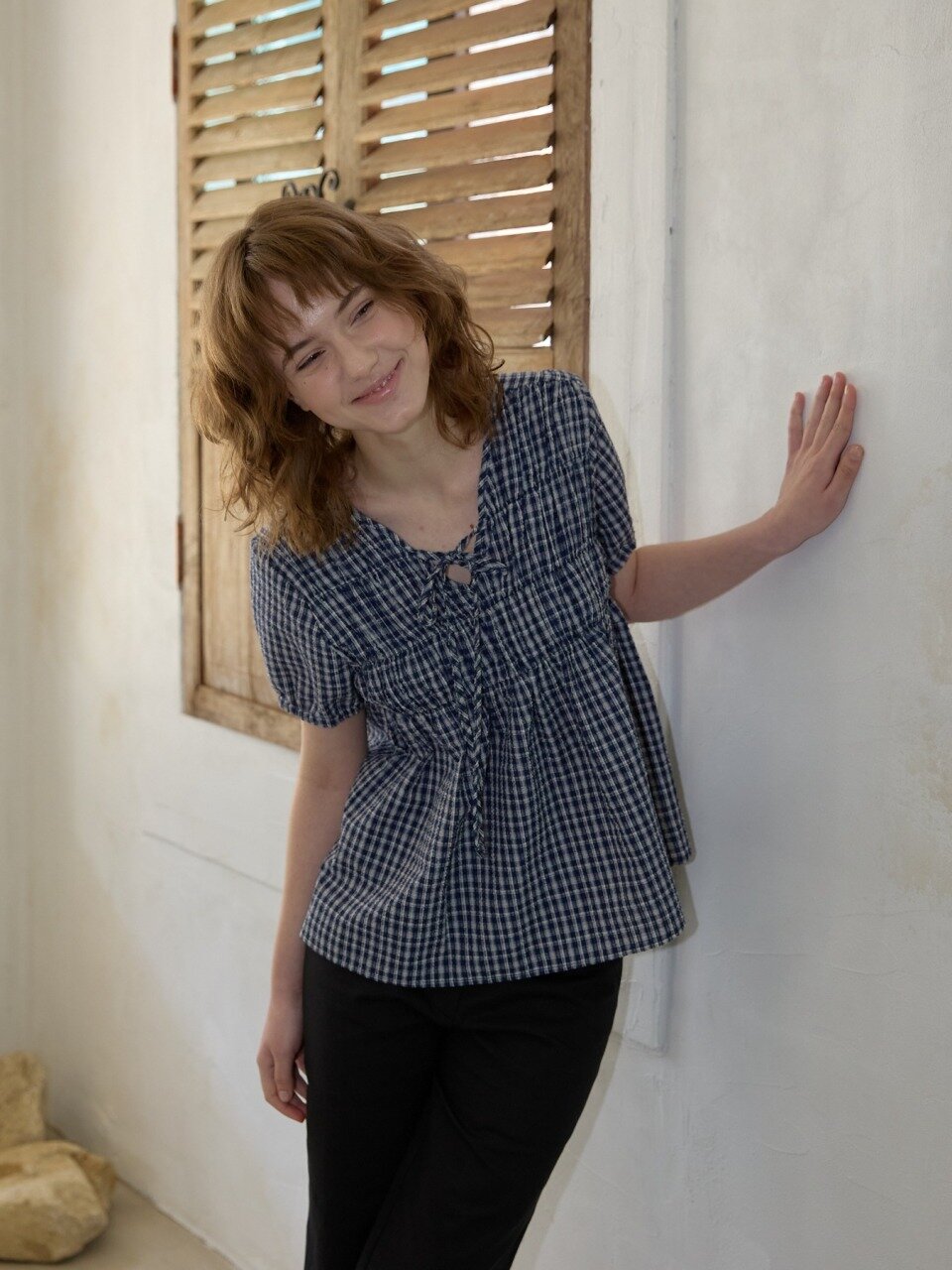 Roe Ribbon Check Blouse_Navy