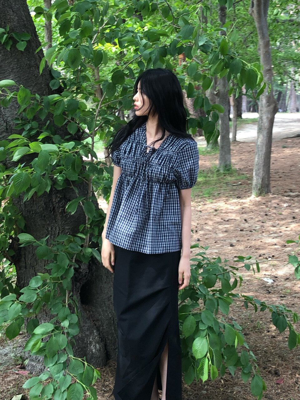 Roe Ribbon Check Blouse_Navy