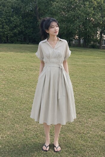 벨티드 핀턱 카라넥 롱 원피스 (BEIGE)