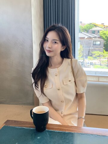 포켓 장식 라운드넥 H라인 원피스 
