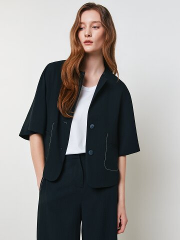 실크 라운드넥 케이프 재킷 (BLACK)