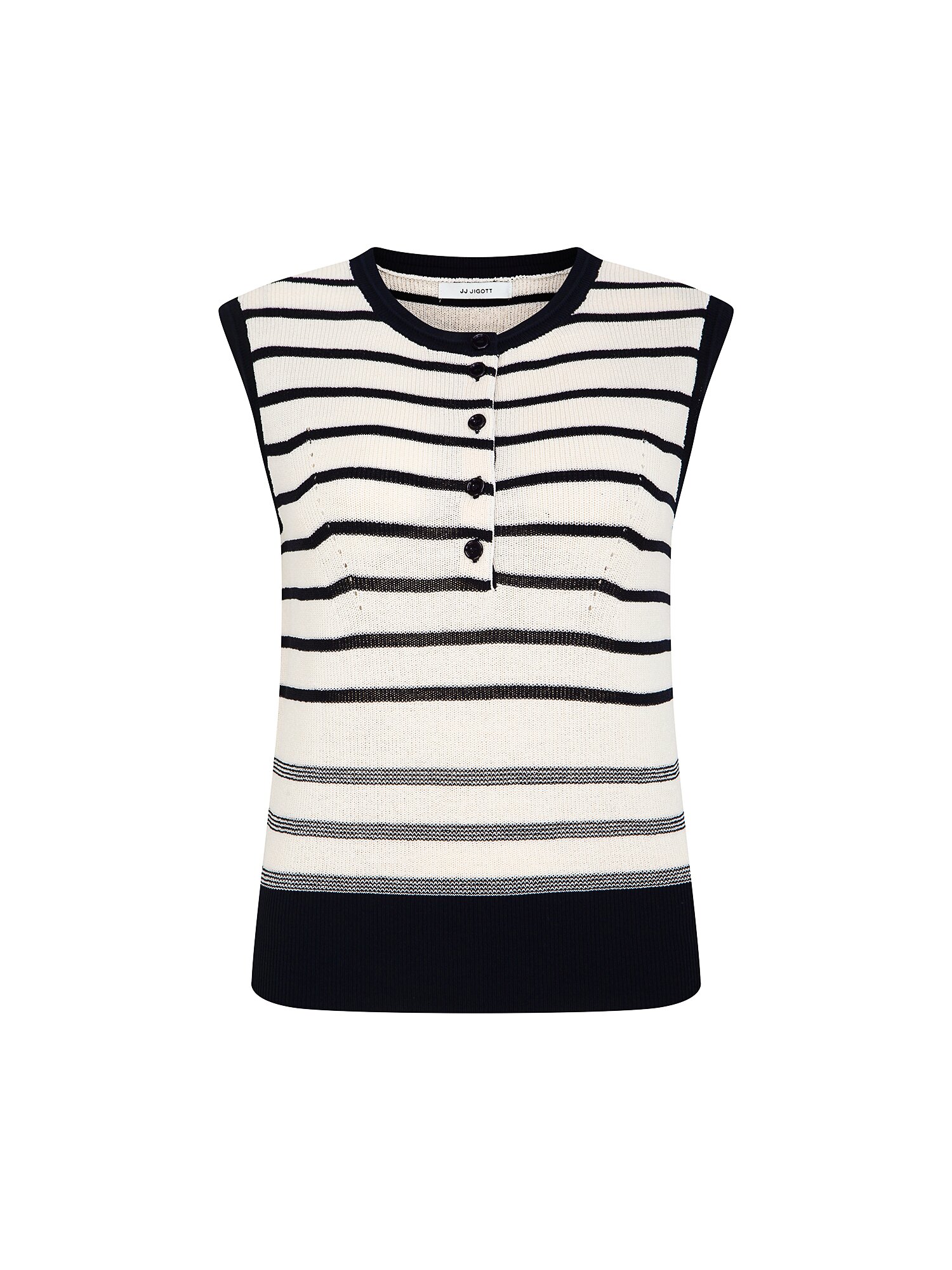 스트라이프 버튼 슬리브리스 니트 (STRIPE NAVY)
