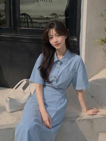 데님 셔츠 블라우스 +스커트 세트 
