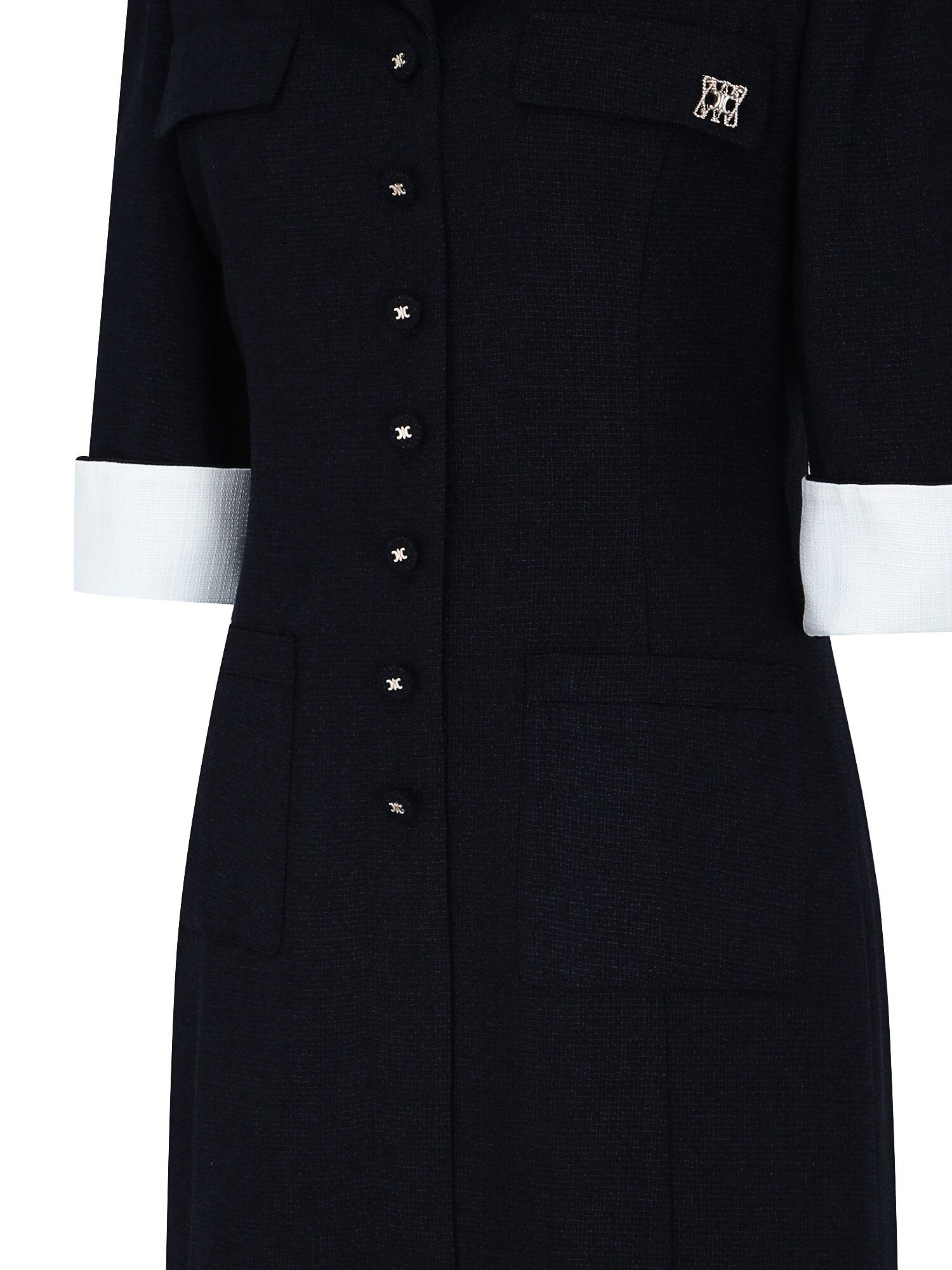 버튼 장식 오픈 칼라 A라인 원피스 (NAVY)