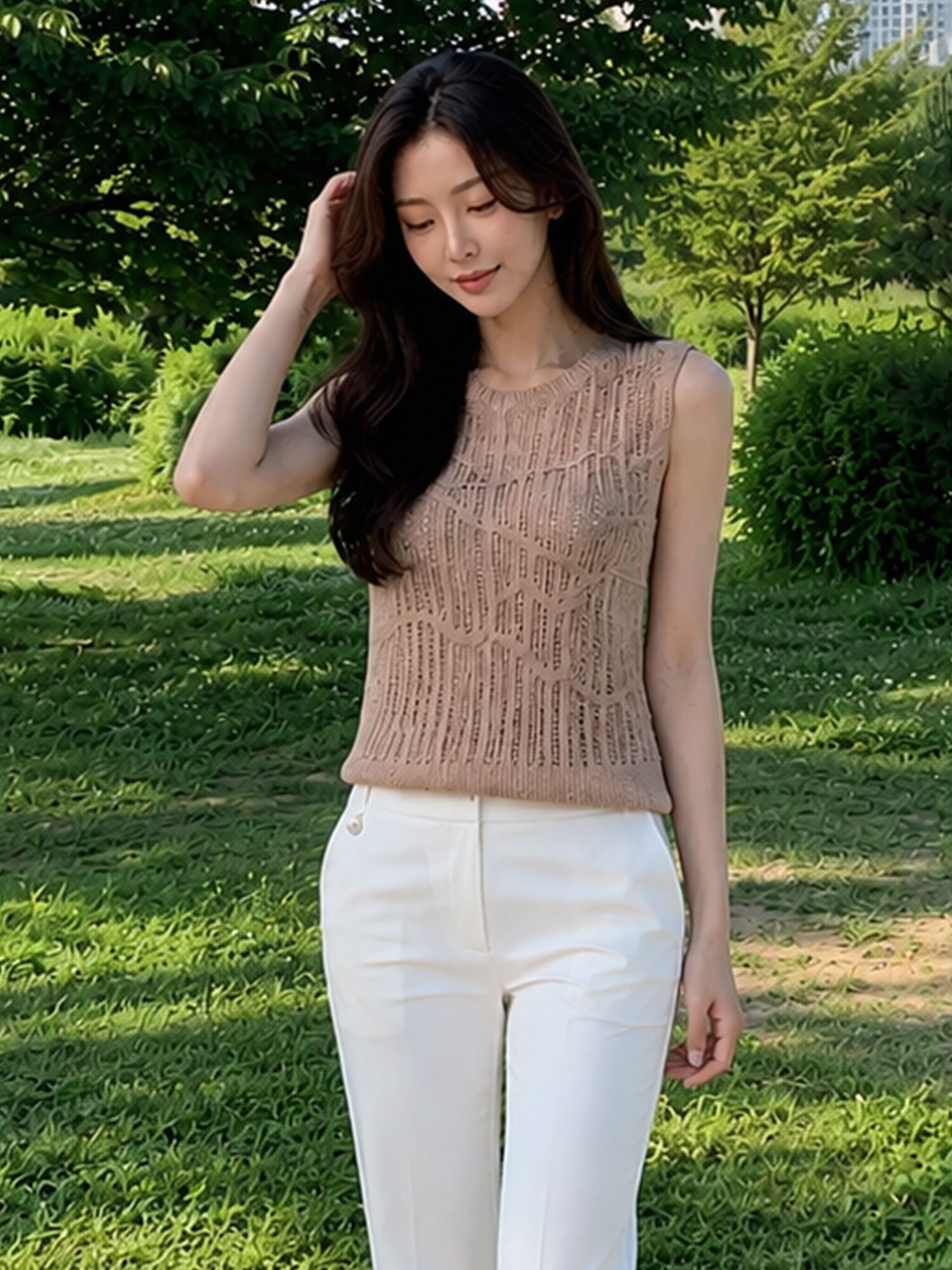 린넨 글리터 슬리브리스 니트 (MELANGE BEIGE)