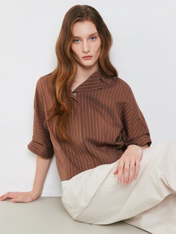 루즈핏 턱 슬리브 오픈 칼라 재킷 (STRIPE BROWN)