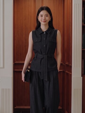 린넨 벨티드 포켓 칼라 베스트 