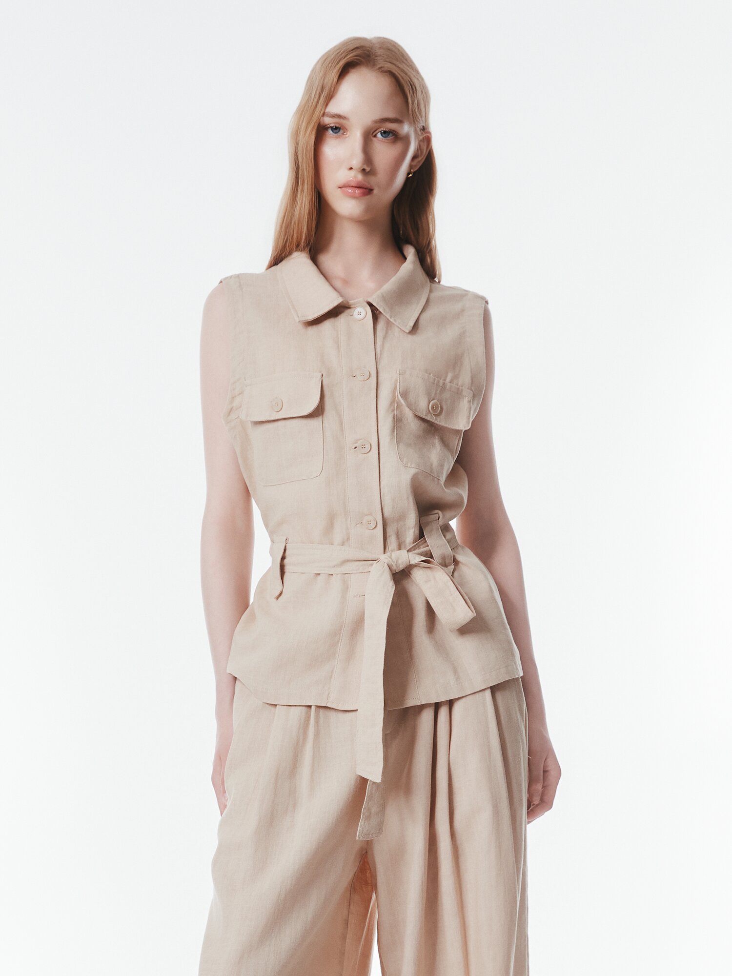 린넨 벨티드 포켓 칼라 베스트 (BEIGE)