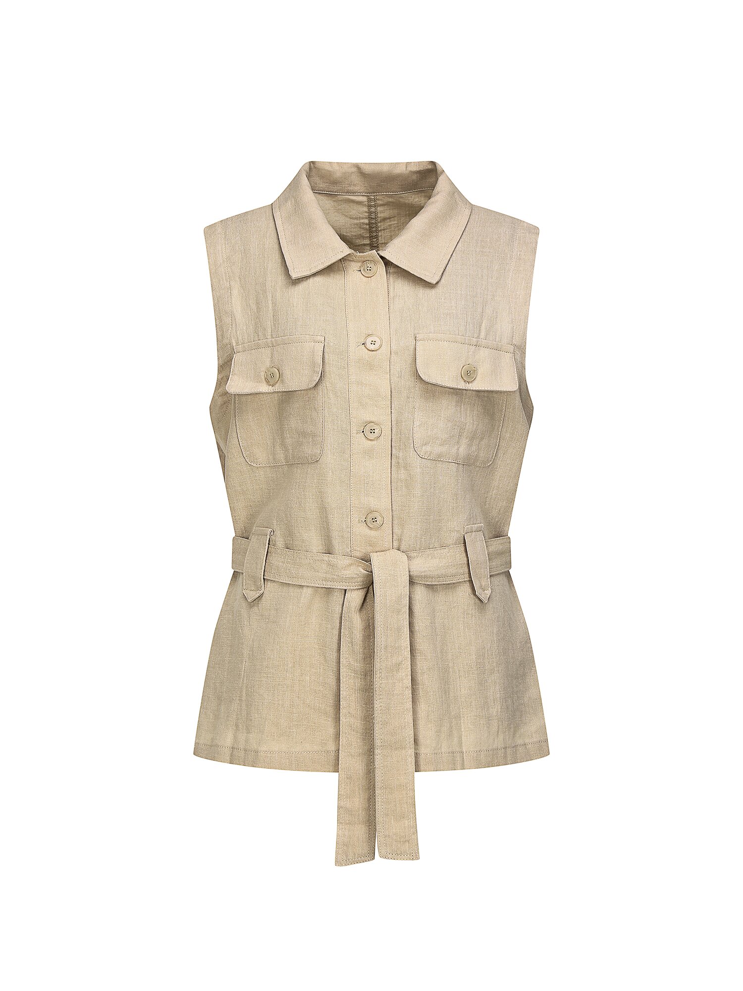 린넨 벨티드 포켓 칼라 베스트 (BEIGE)