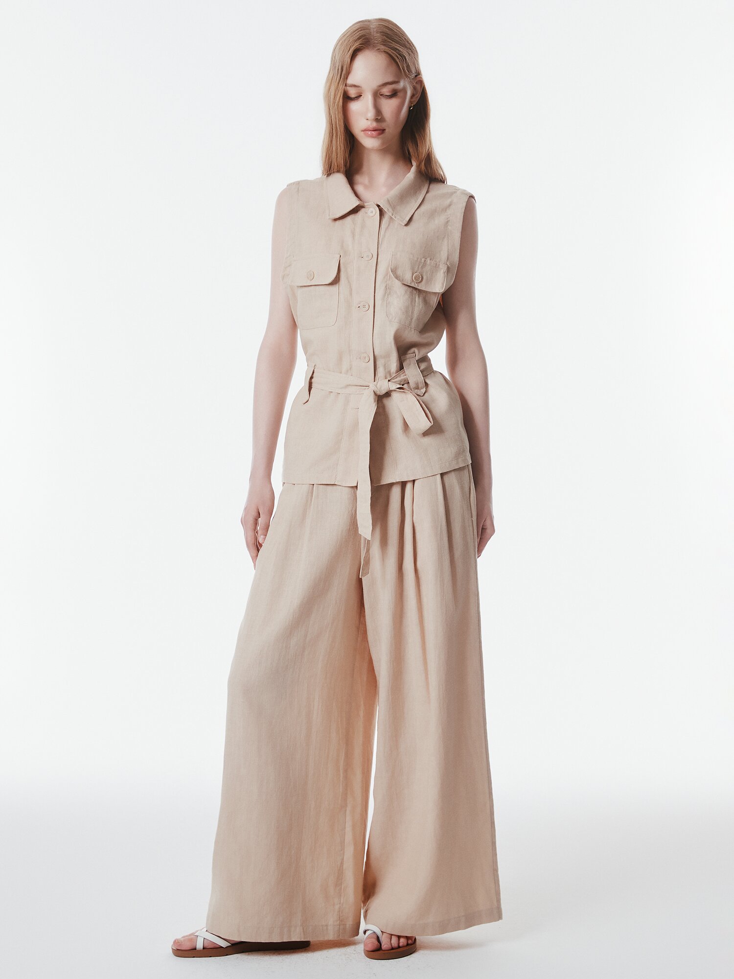 린넨 벨티드 포켓 칼라 베스트 (BEIGE)