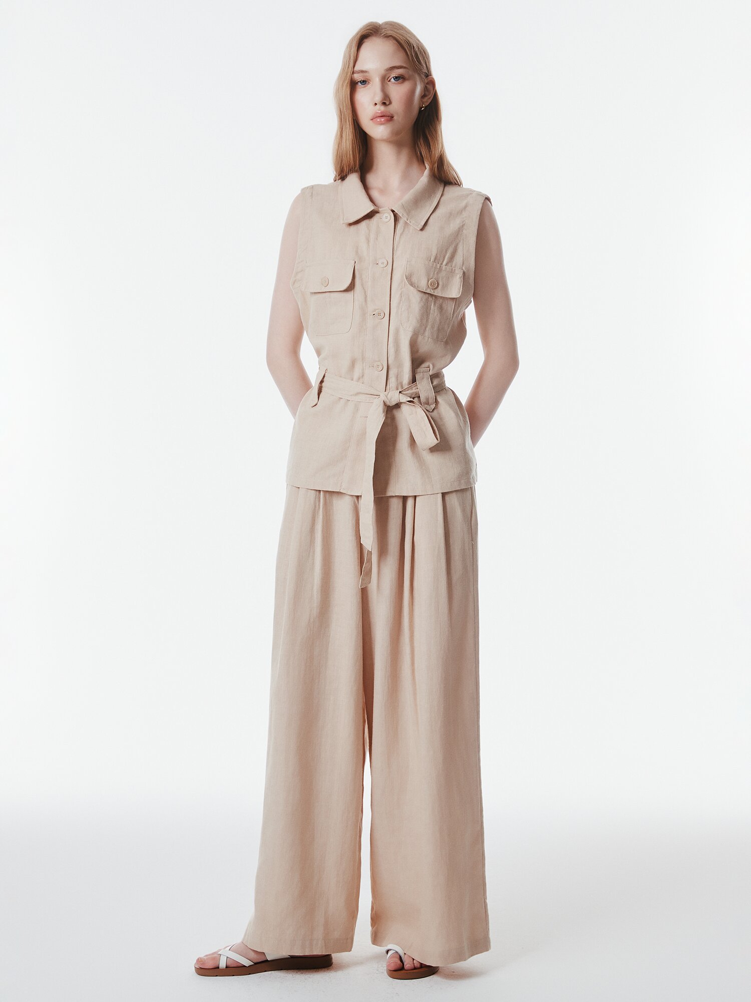 린넨 벨티드 포켓 칼라 베스트 (BEIGE)