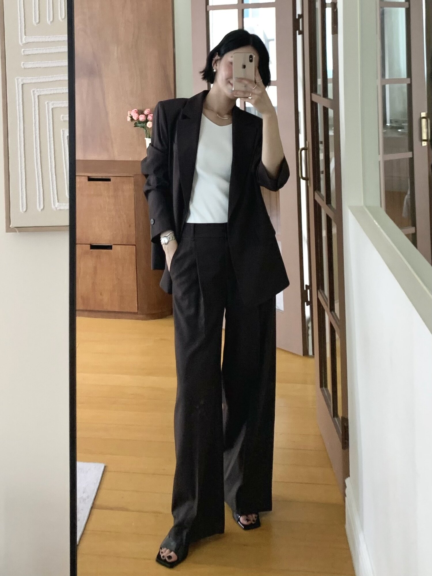 하이 웨이스트 원턱 와이드 팬츠 (DARK BROWN)