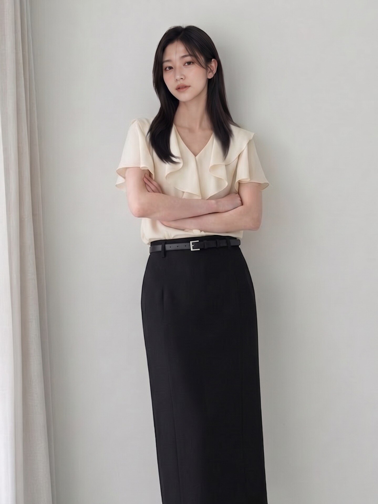 러플 드레이프 브이넥 블라우스 (BEIGE)