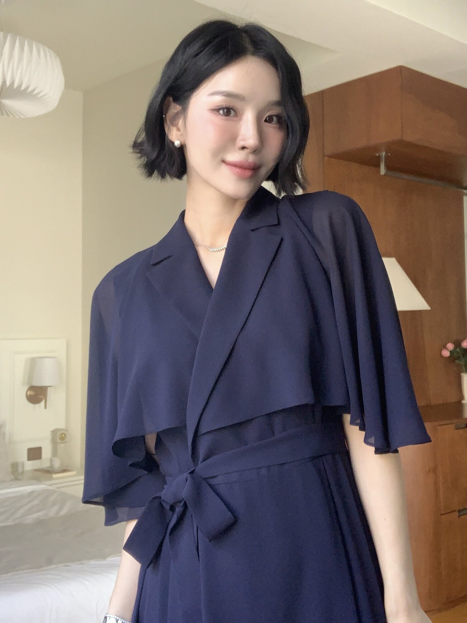 시폰 케이프 A라인 원피스 (DARK NAVY)