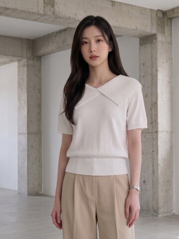 와이드 칼라 크롭 풀오버 니트 