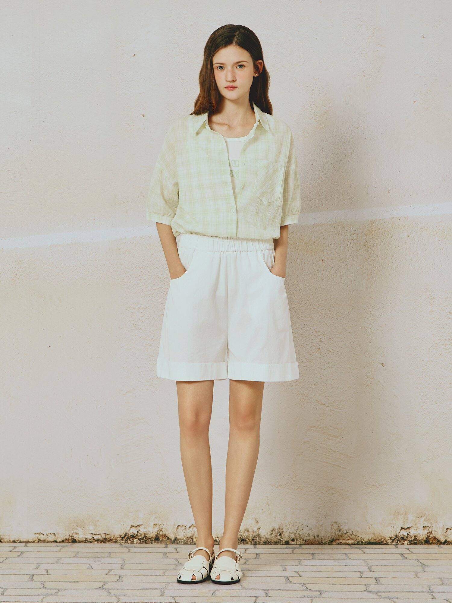 슬리브리스 레이어드 셔츠 칼라 블라우스 (YELLOW GREEN)