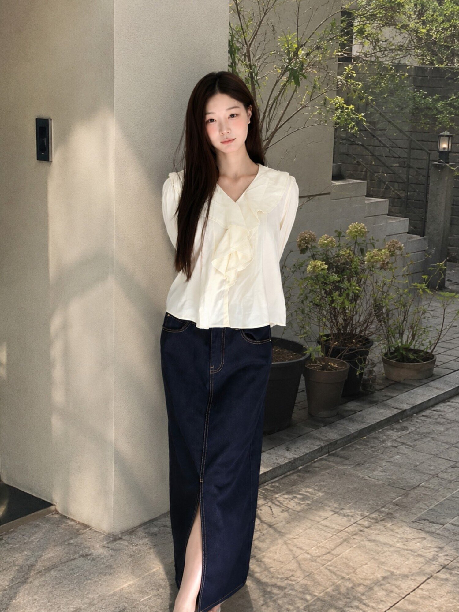 슬릿 데님 롱 스커트 / 딥인디고