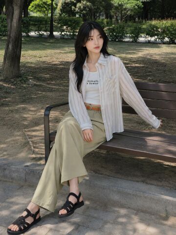 스트라이프 레이어드 셔츠 칼라 블라우스 