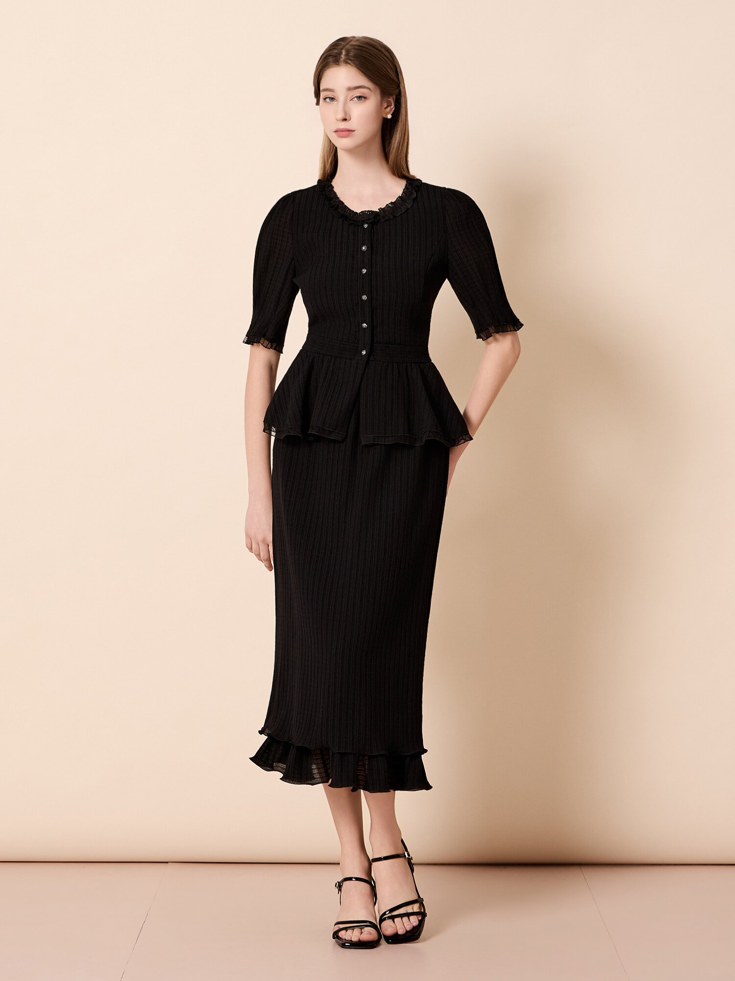 러플 밴딩 롱 스커트 (BLACK)