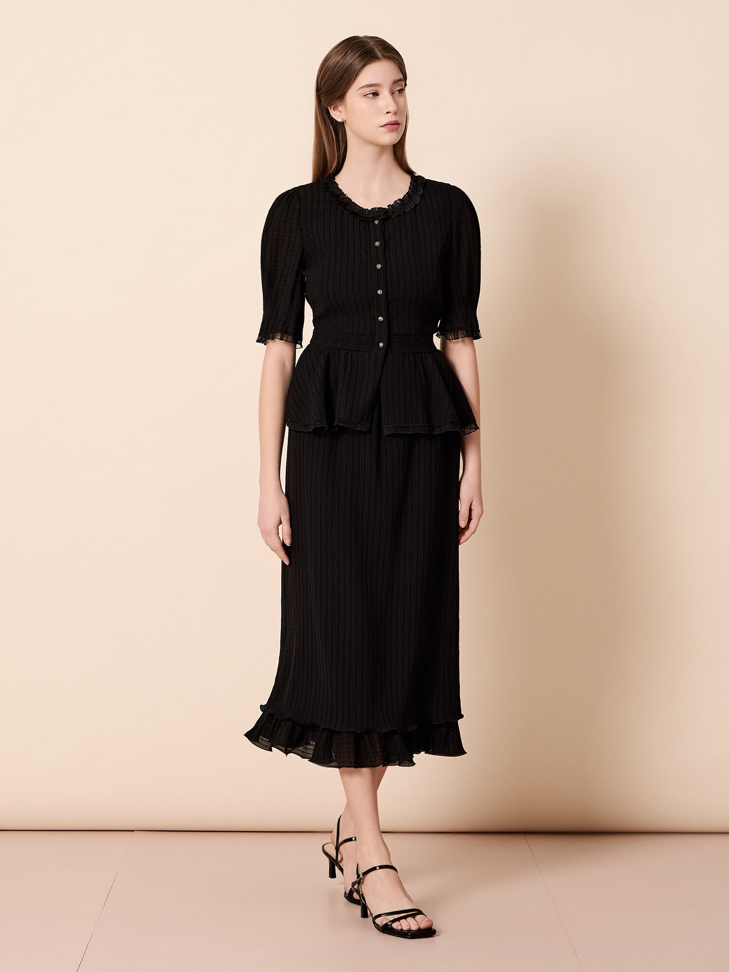 러플 밴딩 롱 스커트 (BLACK)