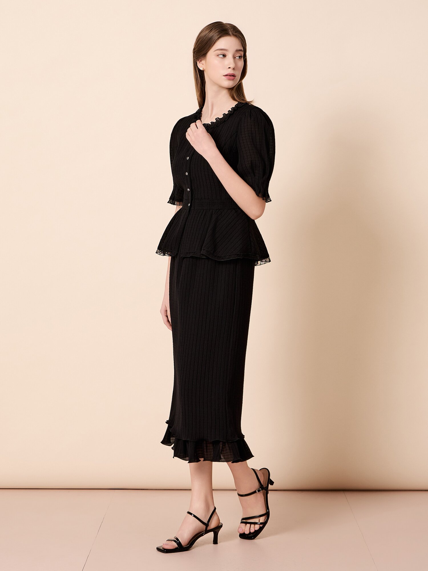 러플 밴딩 롱 스커트 (BLACK)