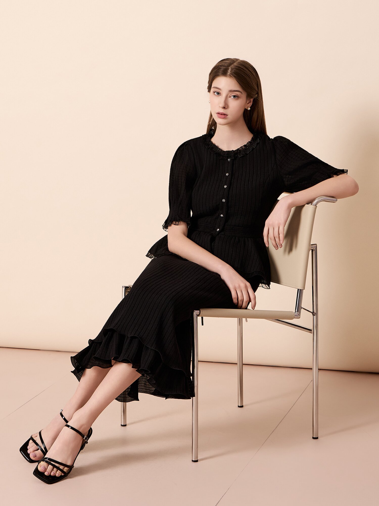 러플 밴딩 롱 스커트 (BLACK)