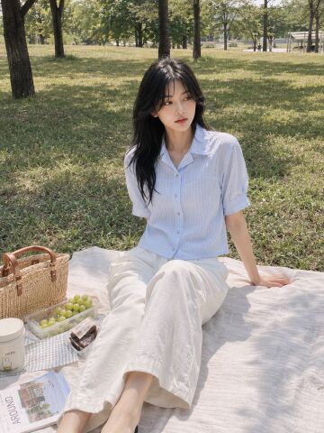 오픈 카라 텍스쳐 셔츠 블라우스 (LIGHT BLUE)