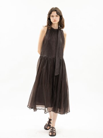 WD_Tie neck sheer sleeveless dress_DARK BROWN