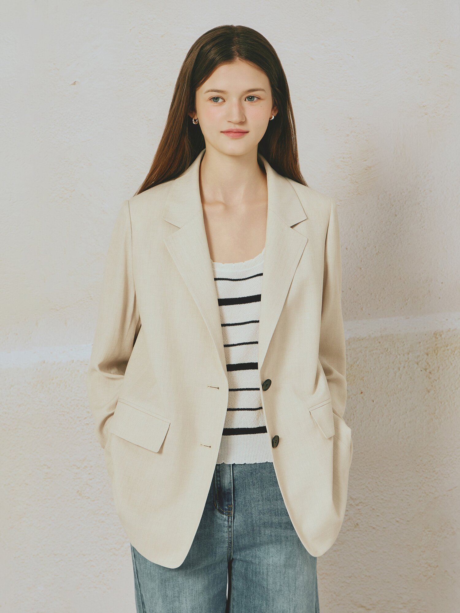린넨 블렌드 백 버튼 재킷 (BEIGE)