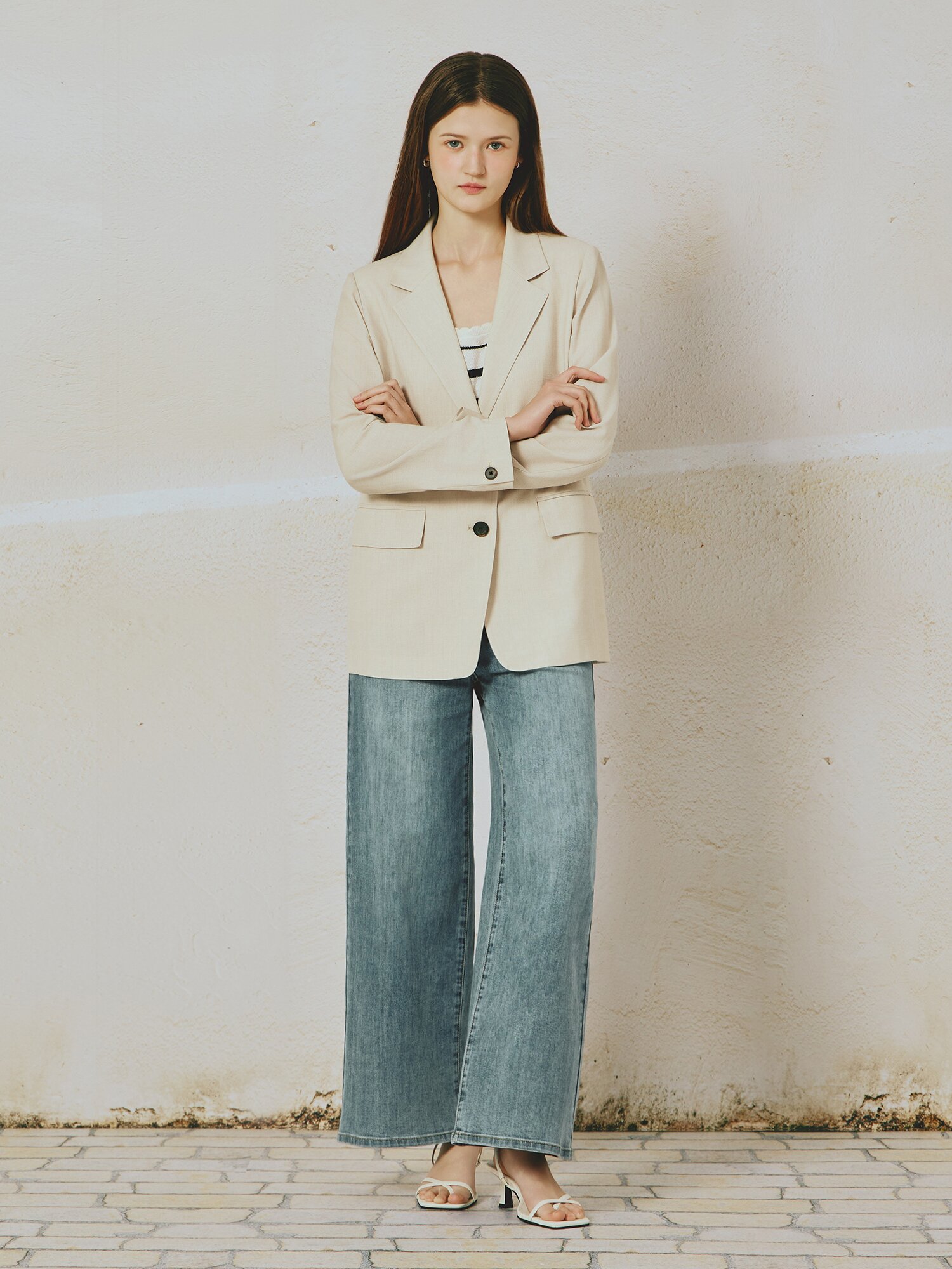 린넨 블렌드 백 버튼 재킷 (BEIGE)