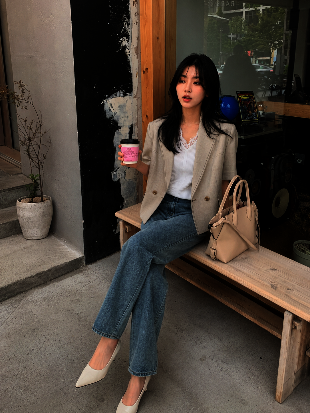 스티치 테일러드 크롭 재킷 (LIGHT BEIGE)