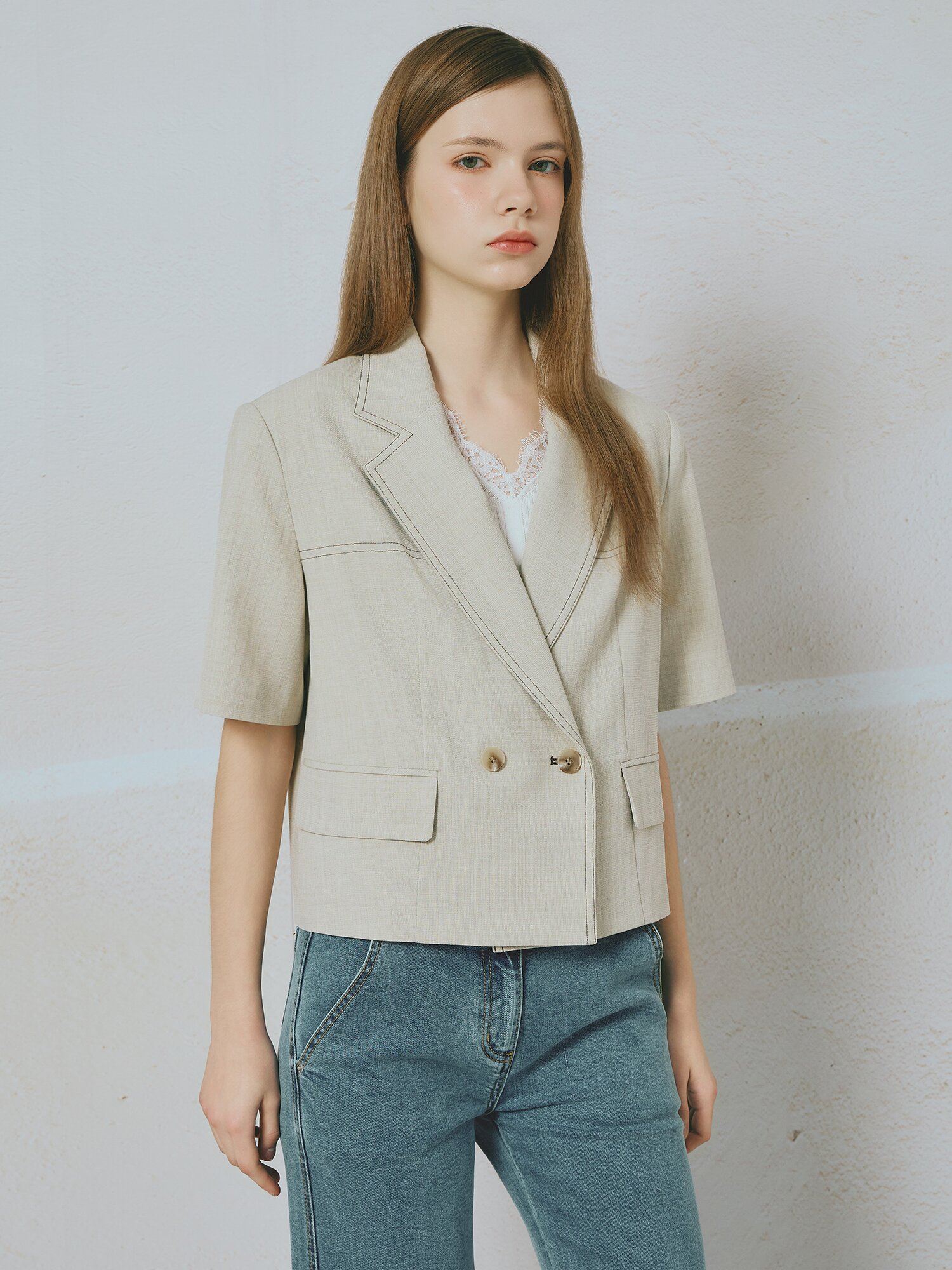 스티치 테일러드 크롭 재킷 (LIGHT BEIGE)