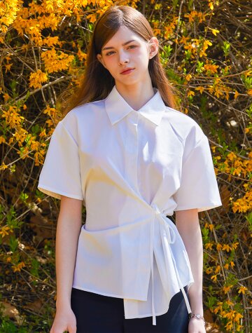 랩 카라 슬림핏 끈 무지 여성 반팔셔츠 [화이트] 6201w