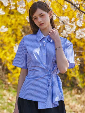 랩 카라 슬림핏 끈 스트라이프 반팔셔츠 [스카이블루] 6201s