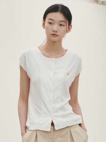 캡슬리브 버튼 티셔츠 - 화이트 / Cap Sleeve Button T-shirt - White
