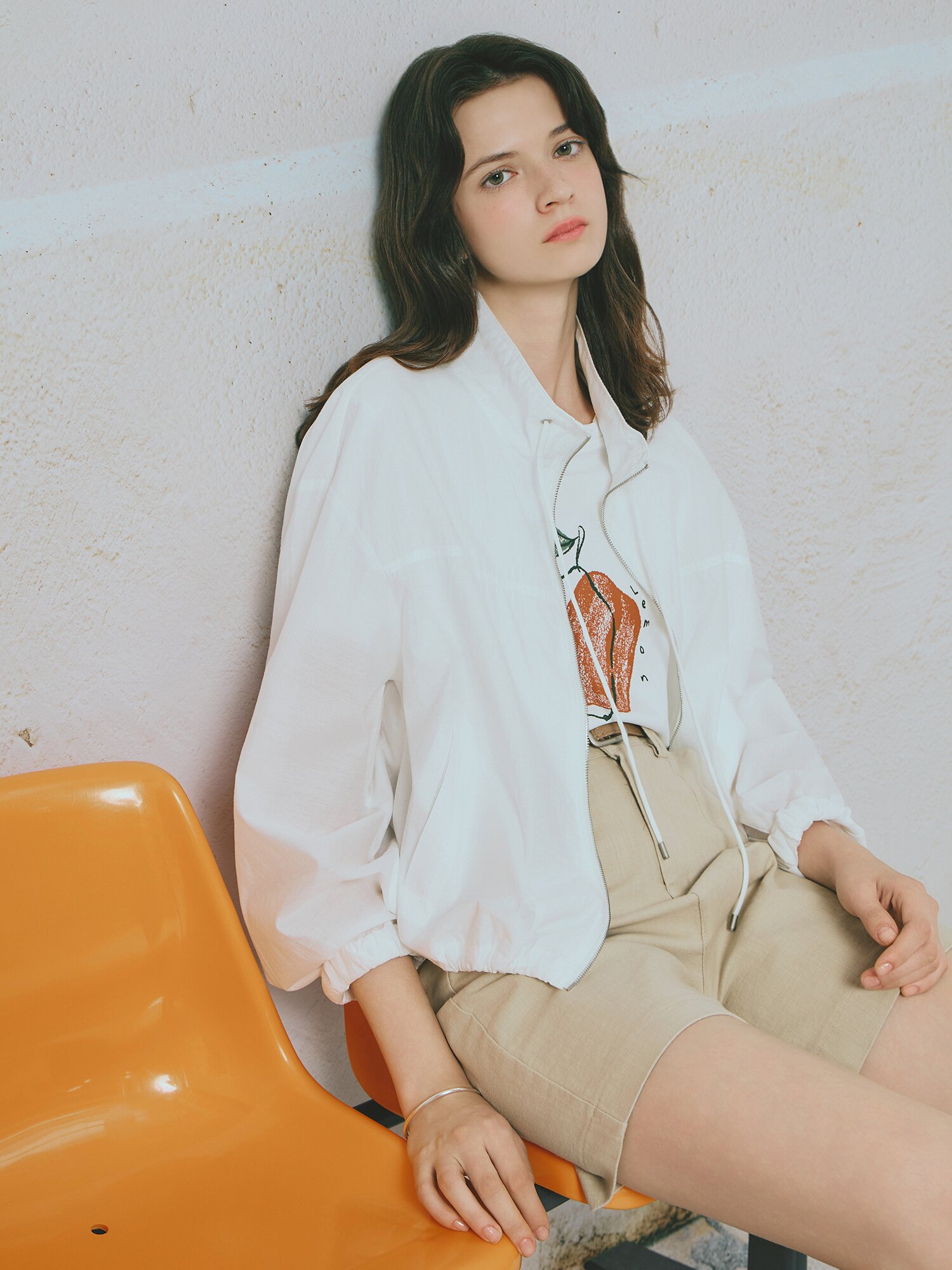 코튼 블렌드 하이넥 집업 점퍼 (WHITE)