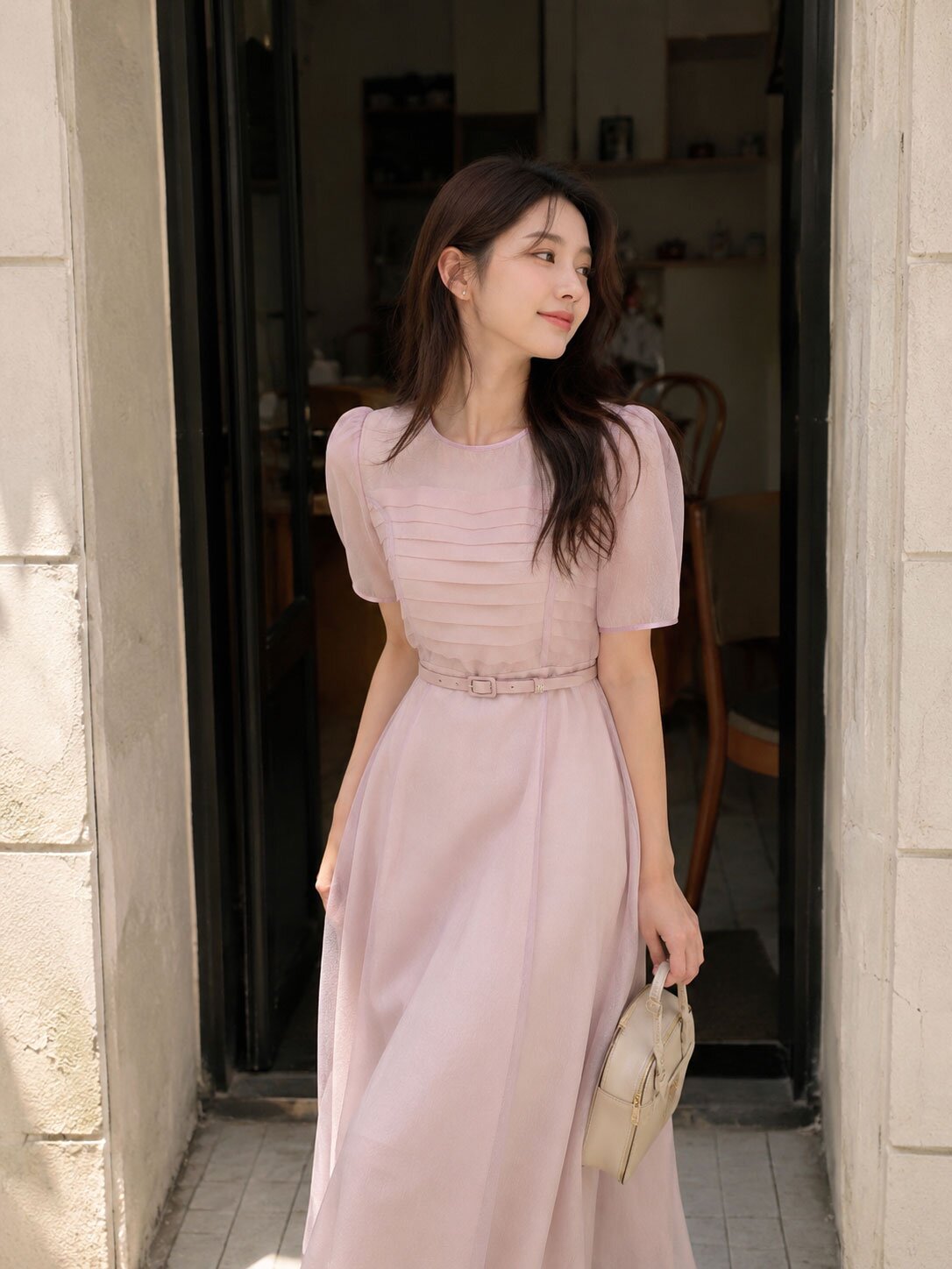 시폰 핀턱 퍼프 플레어 원피스 (PINK)