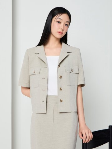 포켓 오픈 칼라 크롭 재킷 (KHAKI BEIGE)