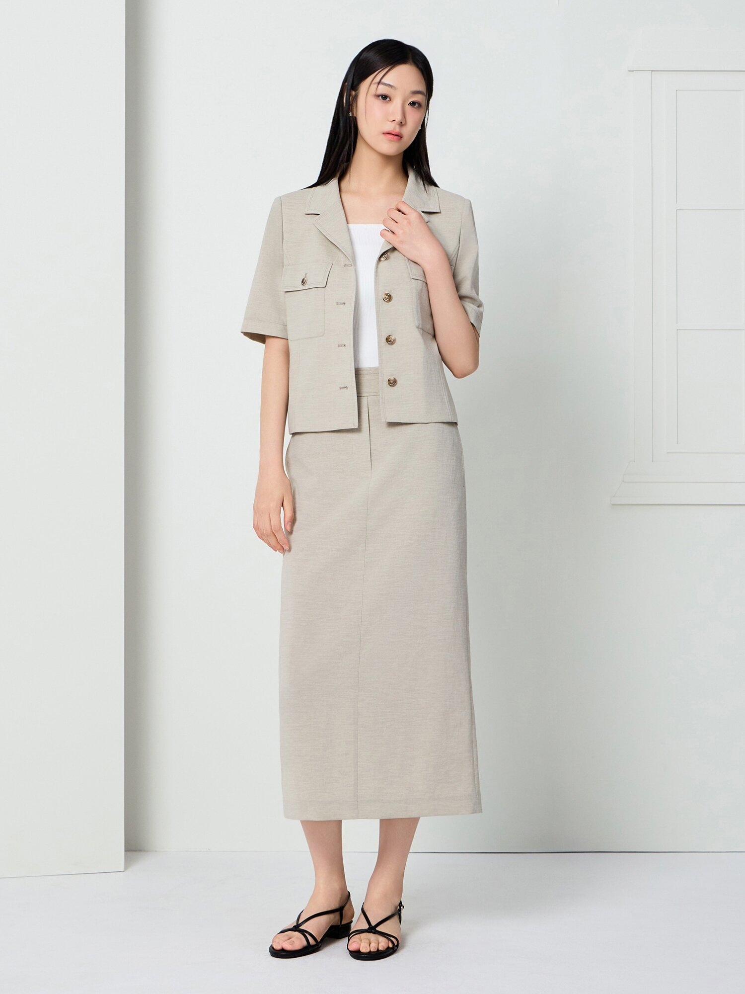 포켓 오픈 칼라 크롭 재킷 (KHAKI BEIGE)