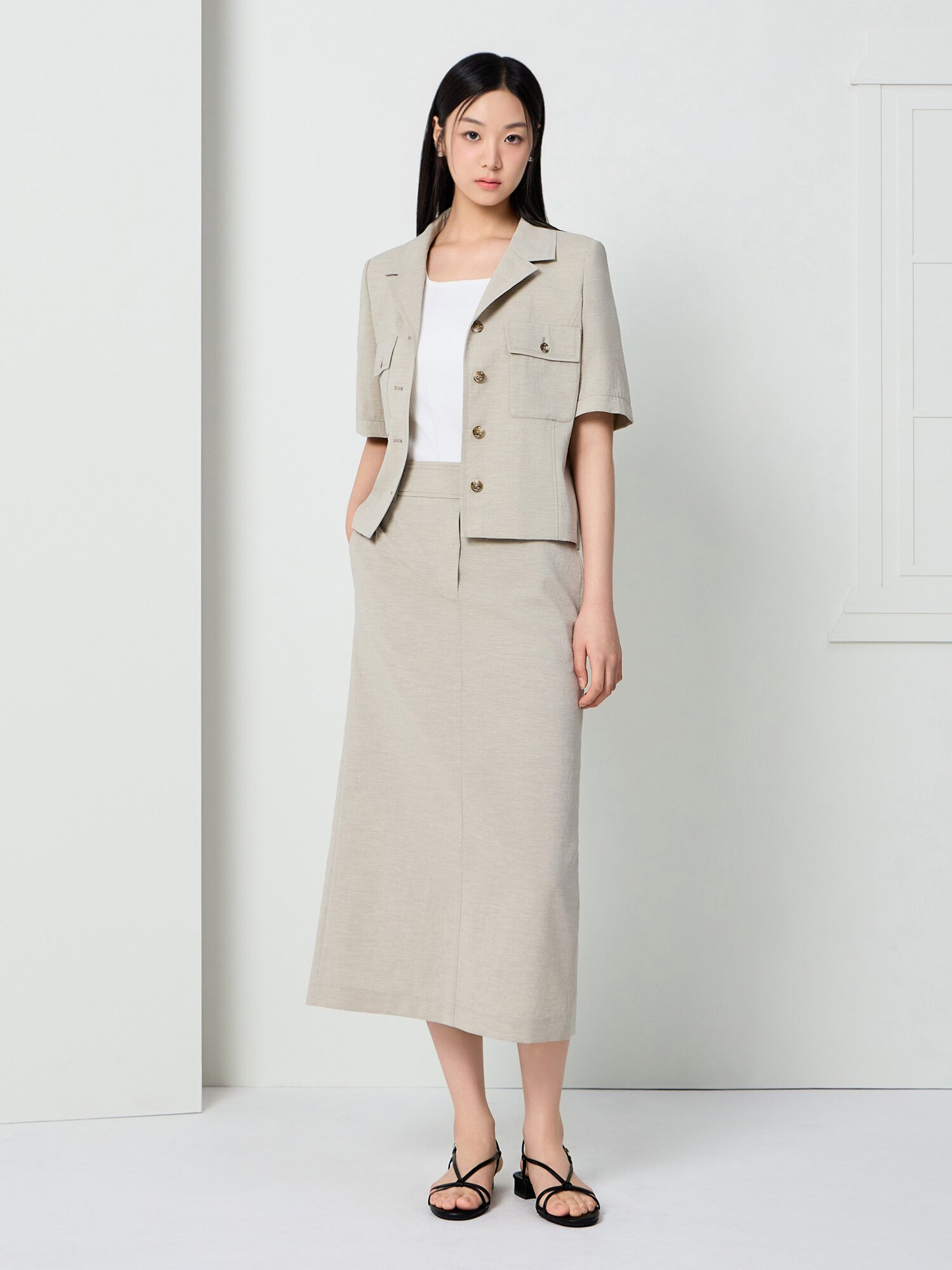 포켓 오픈 칼라 크롭 재킷 (KHAKI BEIGE)