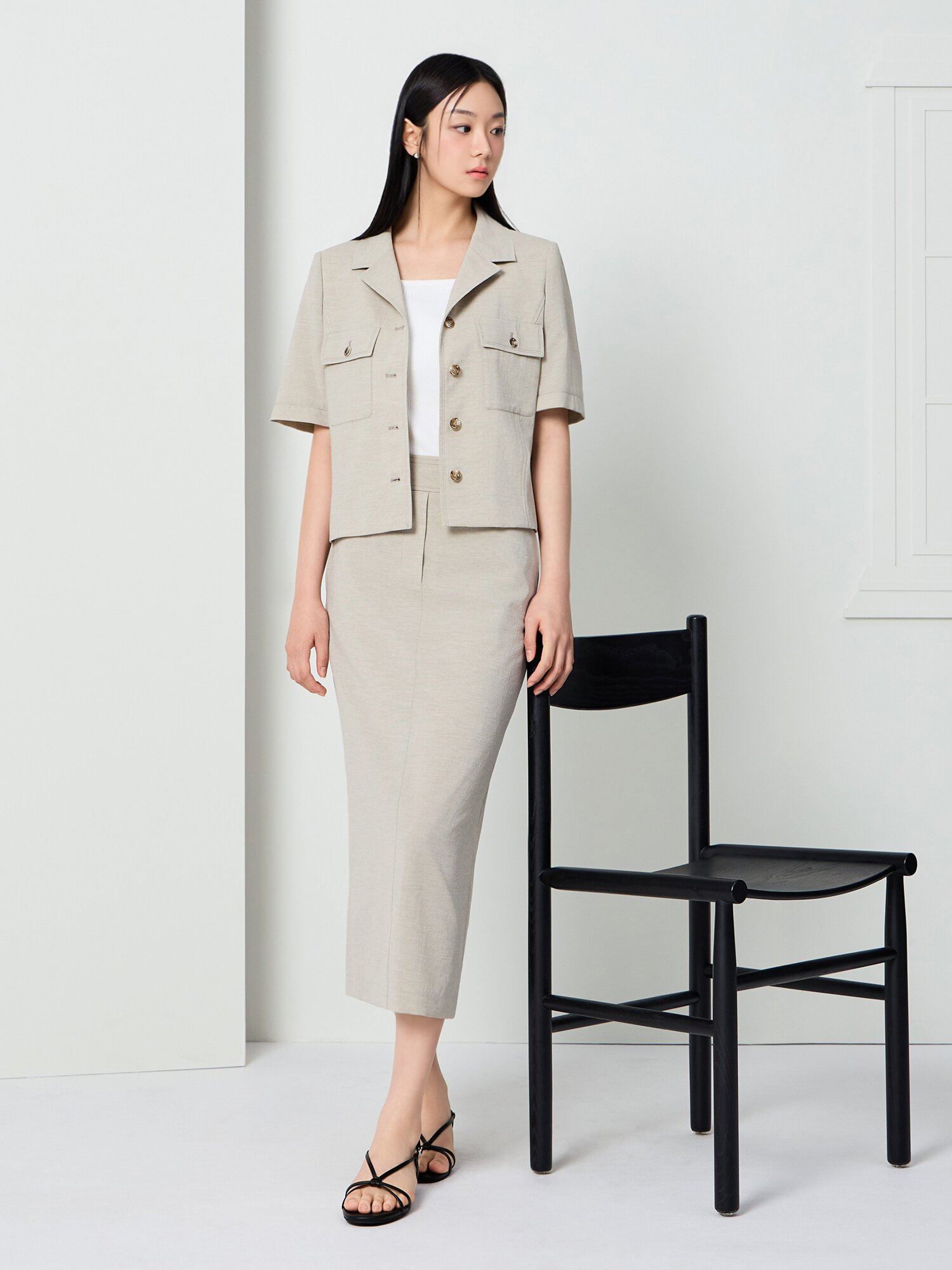 포켓 오픈 칼라 크롭 재킷 (KHAKI BEIGE)