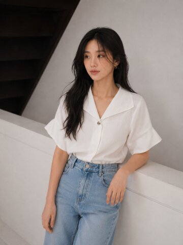 루즈핏 턱 슬리브 라펠 블라우스 