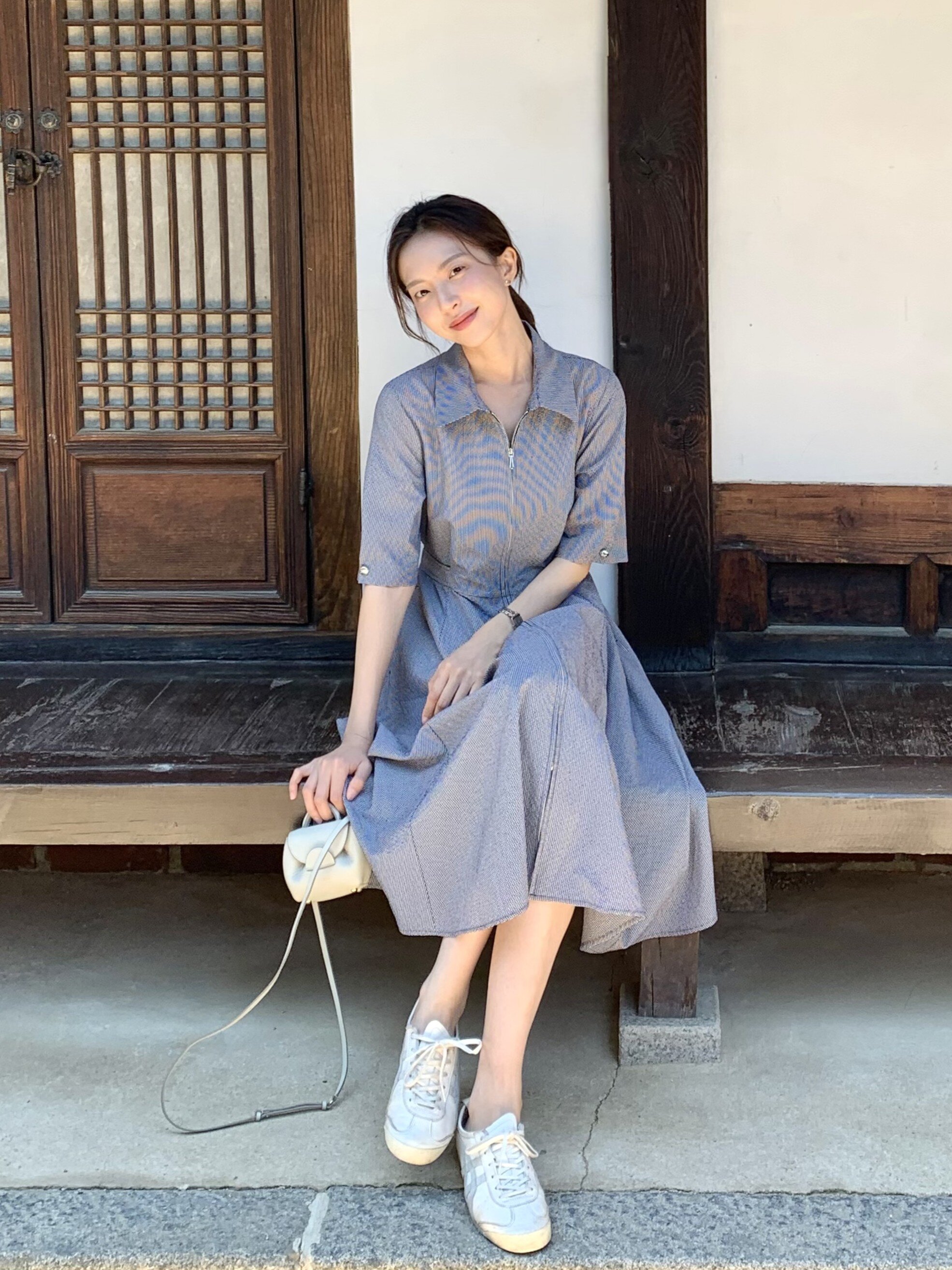 체크 집업 플레어 셔츠 원피스 (CHECK NAVY)