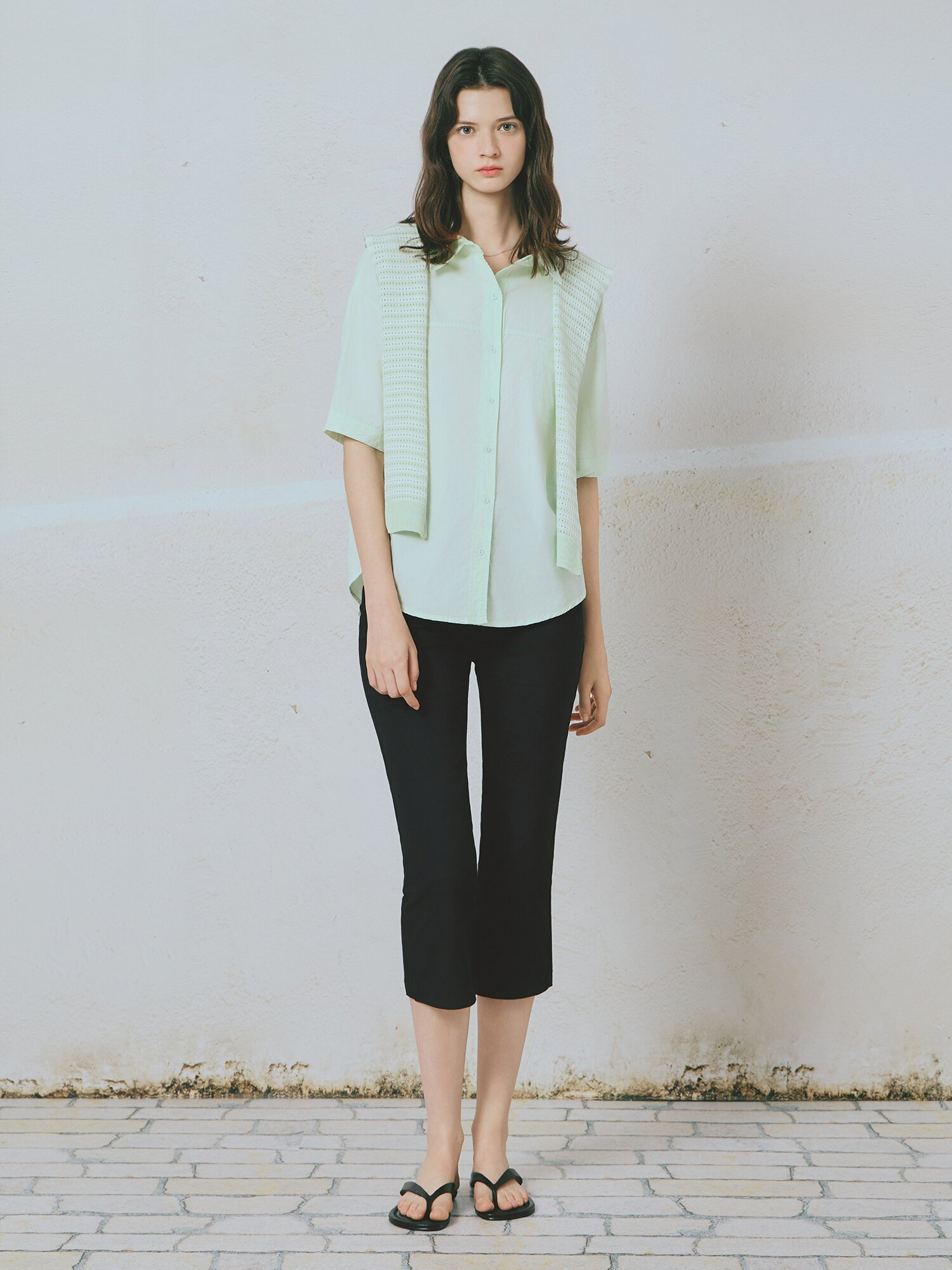 스트라이프 머플러 레이어드 셔츠 블라우스 (YELLOW GREEN)