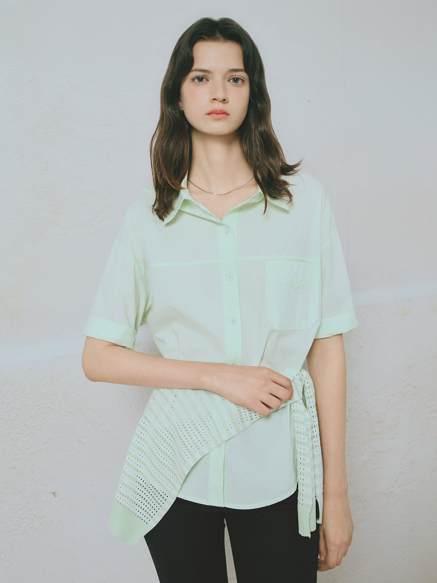 스트라이프 머플러 레이어드 셔츠 블라우스 (YELLOW GREEN)