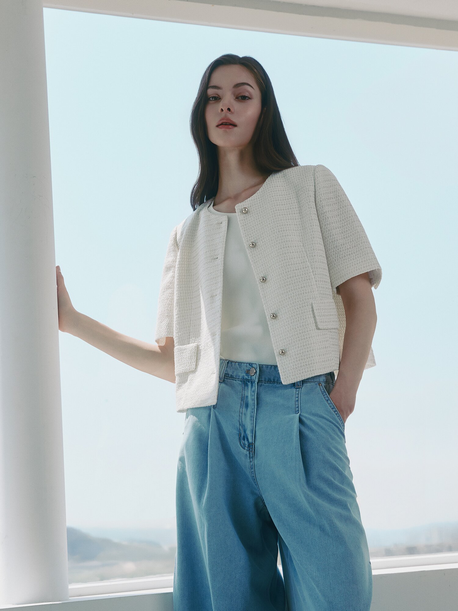 트위드 라운드넥 크롭 재킷 (WHITE)
